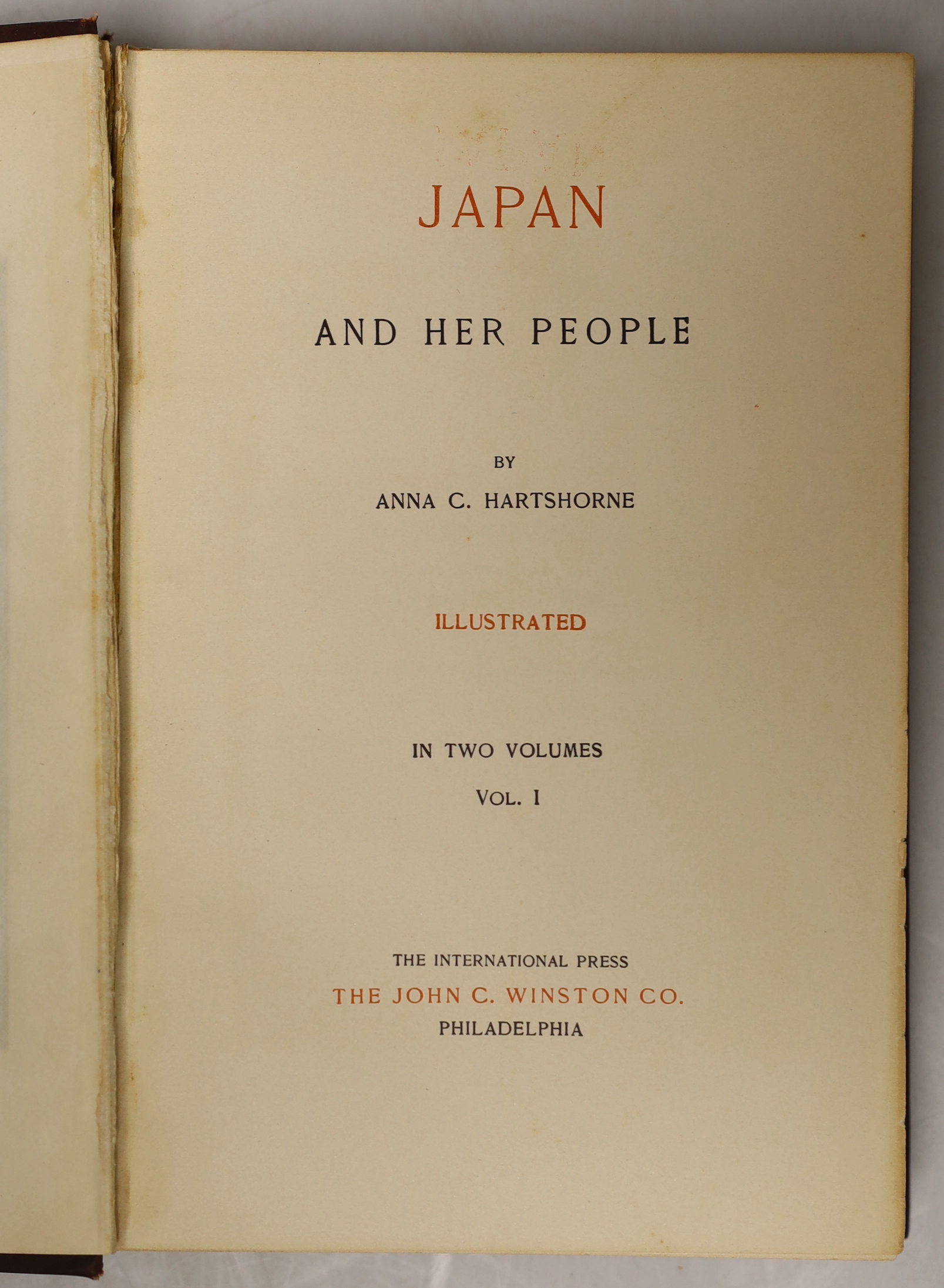 Hartshorne, Anna C. - Japan and Her People. 2 vols. 50 plates and a coloured, folded map; publisher's gilt pictorial cloth with gilt tops. Philadelphia, 1902; Hochberg, Count Fritz - An Eastern Voyage: a journal of trave